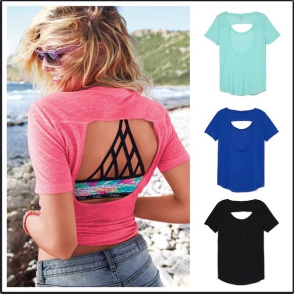 PINK Victoria's Secret Tops - Victoria’s Secret PINK- Black Open Back T-Shirt
